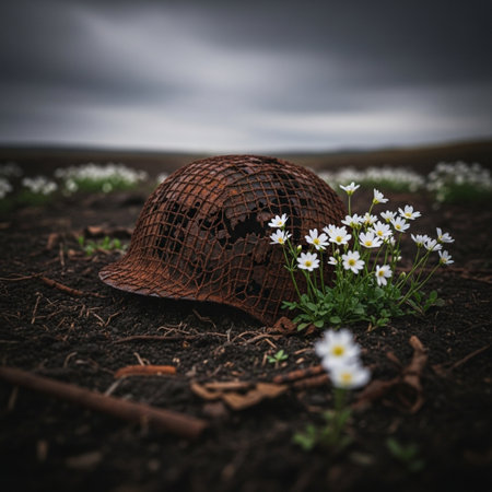 Old hat and white daisies on the ground. Selective focusの素材