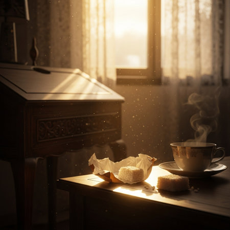 Cup of coffee and croissants on the windowsill.の素材