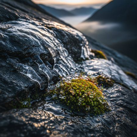 Frozen moss on rock in the mountains. Beautiful nature background.の素材