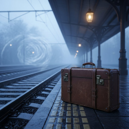 Old suitcase on railway station platform in foggy morning. Travel conceptの素材