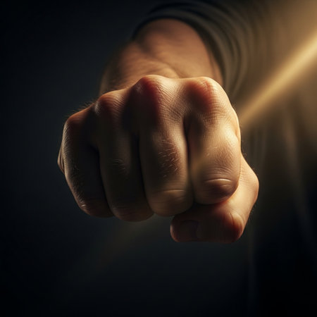 Close-up of a man's fist with light coming through itの素材