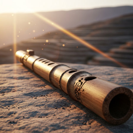 Close-up of a wooden flute on the background of sunsetの素材