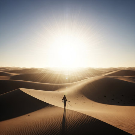 Woman in the desert with dunes at sunset. 3d renderingの素材