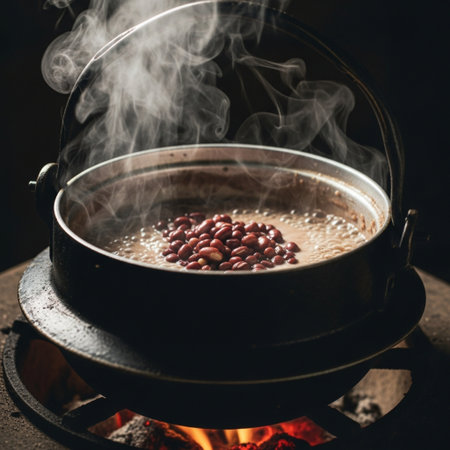 Cooking red beans in cauldron on fire in the kitchen.の素材