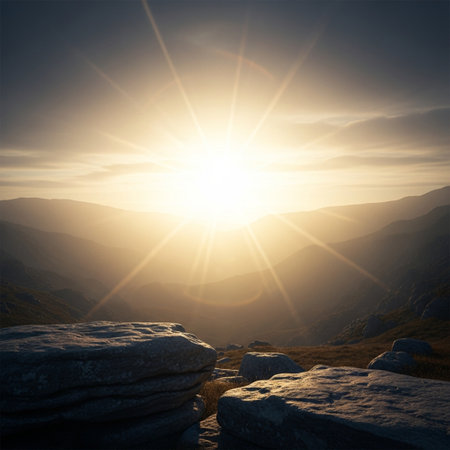 Beautiful sunset in the mountains. Landscape with rocks and sunの素材