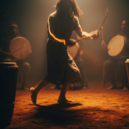 Silhouette of a girl playing the drums on a dark backgroundの素材