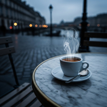 Cup of coffee on the terrace of a cafe in the eveningの素材