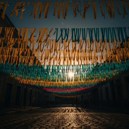 Buddhist prayer flags at night in Riga, Latvia.の素材