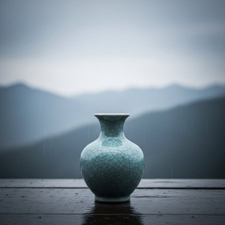 Blue ceramic vase on a wooden table with mountains in the backgroundの素材