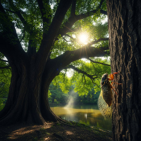 Cicada in a tree by the lake with sun rays.の素材