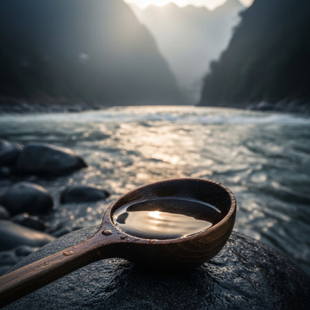 Wooden spoon on the background of a mountain river in the morningの素材
