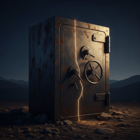 3D rendering of an old rusty safe on the sand at nightの素材