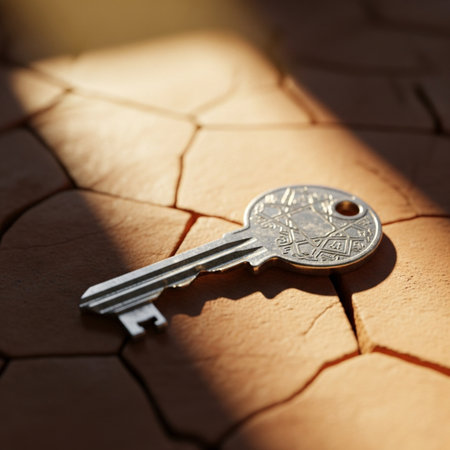 Key on the background of cracked earth. Selective focus. Toned.の素材