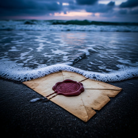 Old letter with wax seal on the beach at sunset. Vintage style.の素材