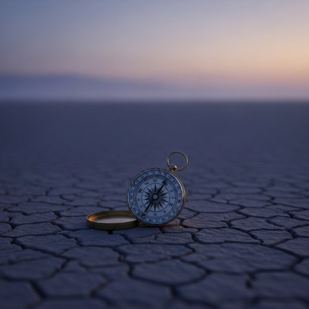 Compass on the ground in the desert at sunset. Conceptual imageの素材