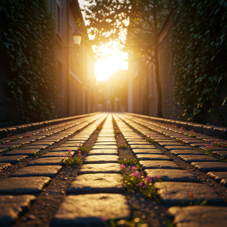 Brick road in the city at sunset. Beautiful spring landscape.の素材