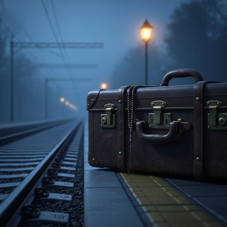 Two old suitcases on a railway station in the foggy morningの素材