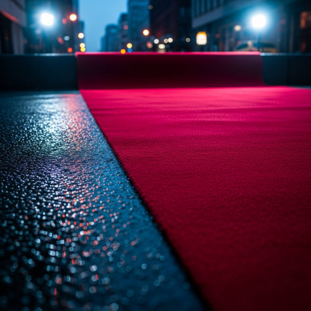 Red carpet on a city street at night, illuminated by street lightsの素材