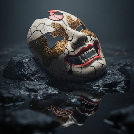 Carnival mask on black stone with reflection. Halloween concept.の素材