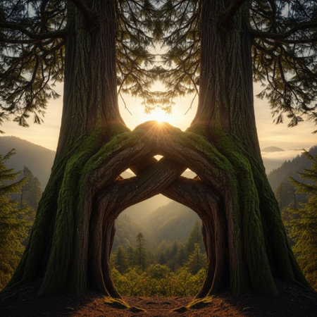 Beautiful sunset in the forest. 3d rendering and illustration.の素材