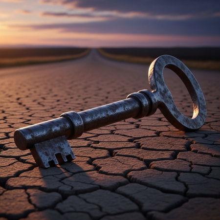 Key on cracked earth background. Conceptual image. 3d renderの素材