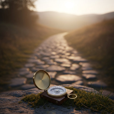 Compass and map on a stone path at sunset. Travel conceptの素材