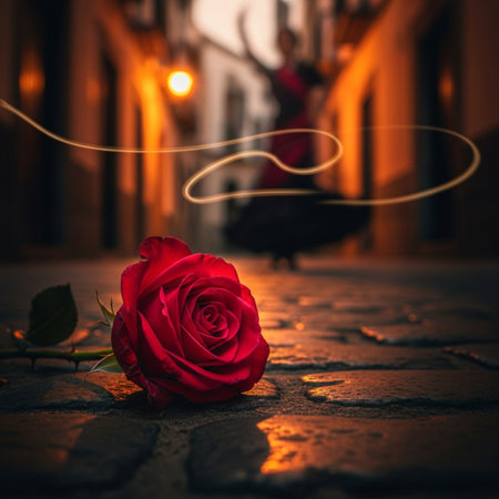 Red rose on the cobblestone in the city at night.の素材