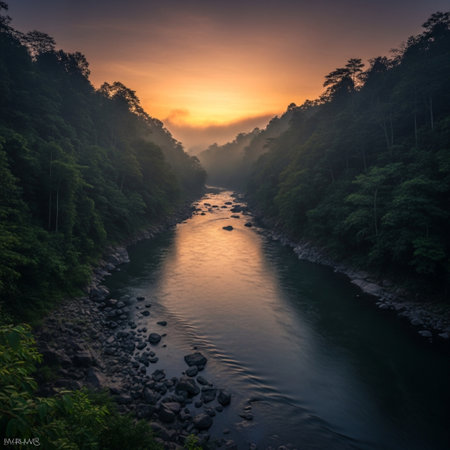 Sunset in the forest with a river flowing through the jungle.の素材