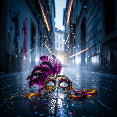 Carnival mask on a rainy street in Venice, Italy.の素材
