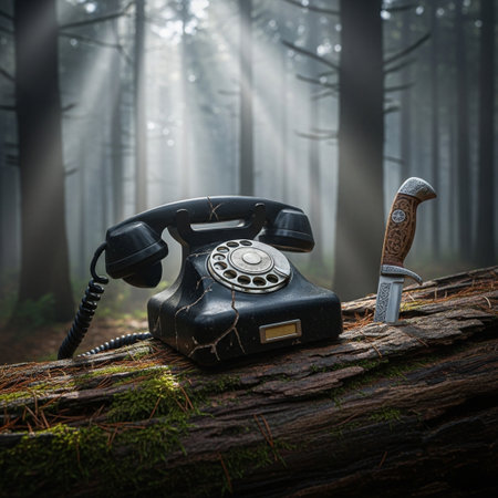 Vintage telephone in the dark forest. Halloween concept. 3D Renderingの素材