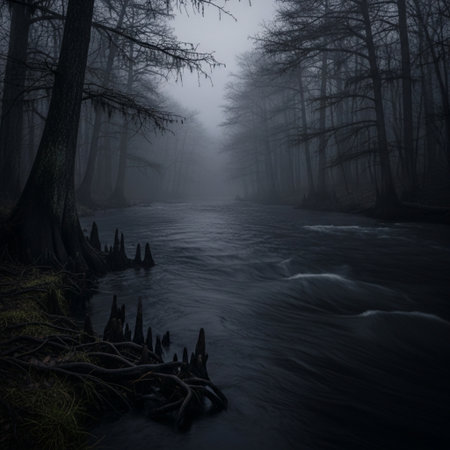 Mysterious foggy forest. Dark moody landscape with river and old trees.の素材