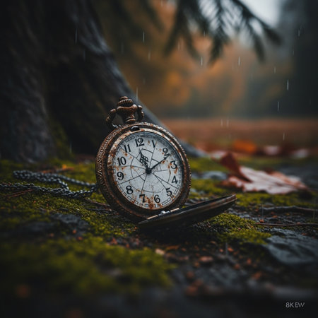 Vintage pocket watch on mossy ground with fallen leaves and rainの素材
