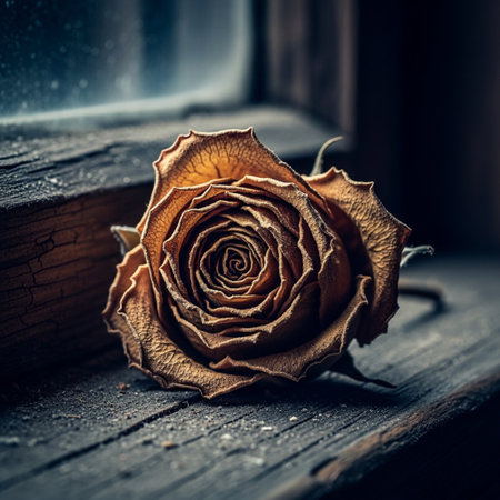Withered rose on a window sill.Vintage style.の素材