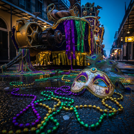Traditional carnival masks at night in Paris, France. Selective focusの素材