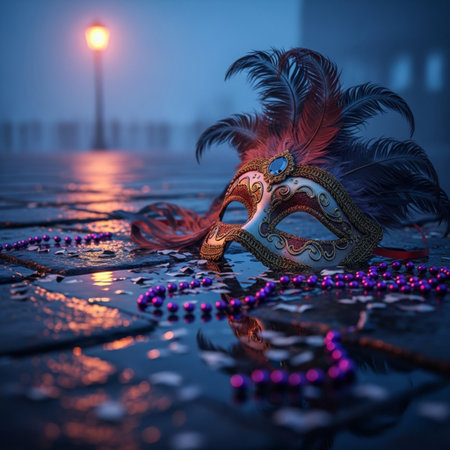 Carnival mask with feathers and beads on the pier at nightの素材