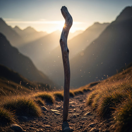 Wooden stick on the top of a mountain in the rays of the setting sunの素材