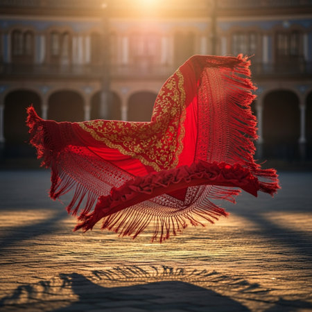 Red shawl on a square in the center of Sevilleの素材