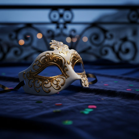 Photo of elegant and delicate venetian mask over blue silk backgroundの素材