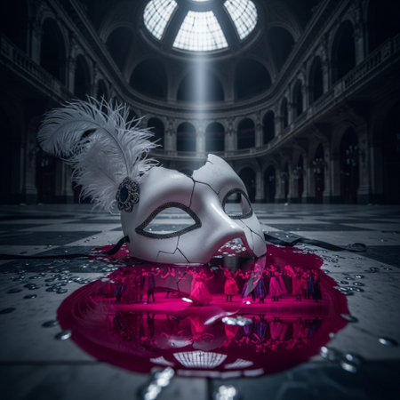 Venetian carnival mask with feathers on a red cloth.の素材