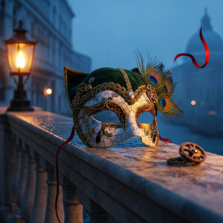 Venetian mask on the bridge in Venice at night, Italyの素材