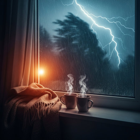 Cup of hot drink and blanket on window sill at night.の素材