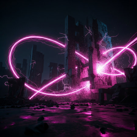 3d rendering of broken heart with neon lights on a dark backgroundの素材