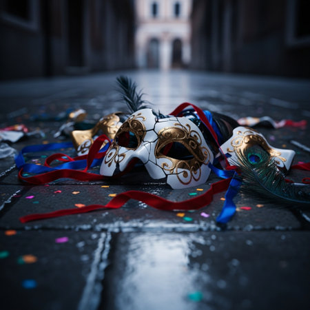 Traditional Venetian carnival mask with colorful confetti. Selective focus.の素材