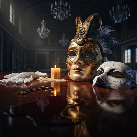 Venetian masquerade mask with burning candle on a wooden table.の素材