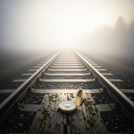 Vintage compass on railway tracks in foggy morning, travel conceptの素材