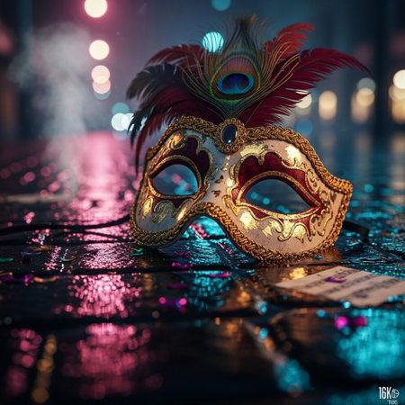 Carnival mask with feathers on the background of the night city.の素材