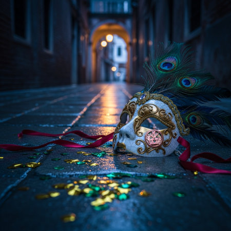 Venetian carnival mask with peacock feather and colorful confetti on dark street at night.の素材