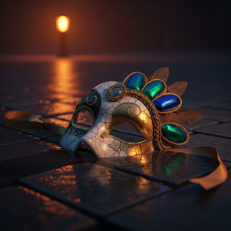 Carnival mask with colorful feathers on the floor at night.の素材
