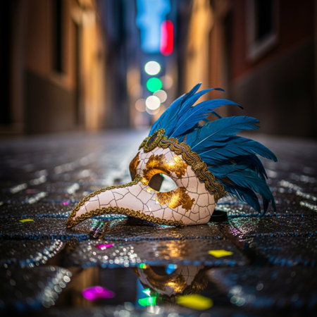 Traditional Venetian carnival mask on the cobbled street in Venice, Italyの素材