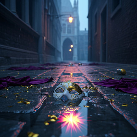 3D rendering of a carnival mask in a cobbled streetの素材